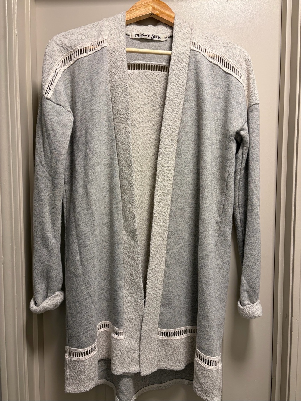Michael Stars Long Open Cardigan Gray Mixed Texture Crochet Trim XS Made in USA